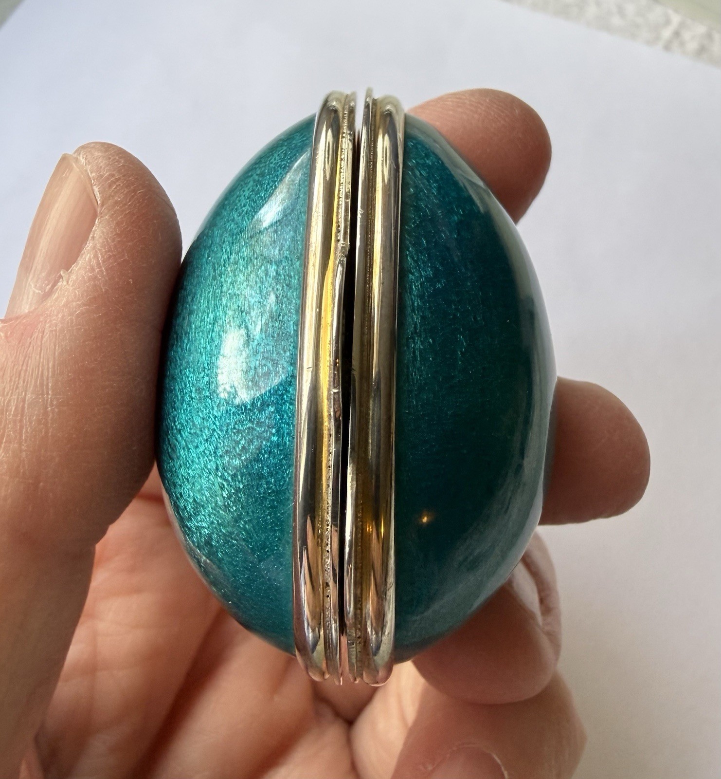 Antique Hallmarked Turquoise Enameled Sterling Silver Egg Trinket Box