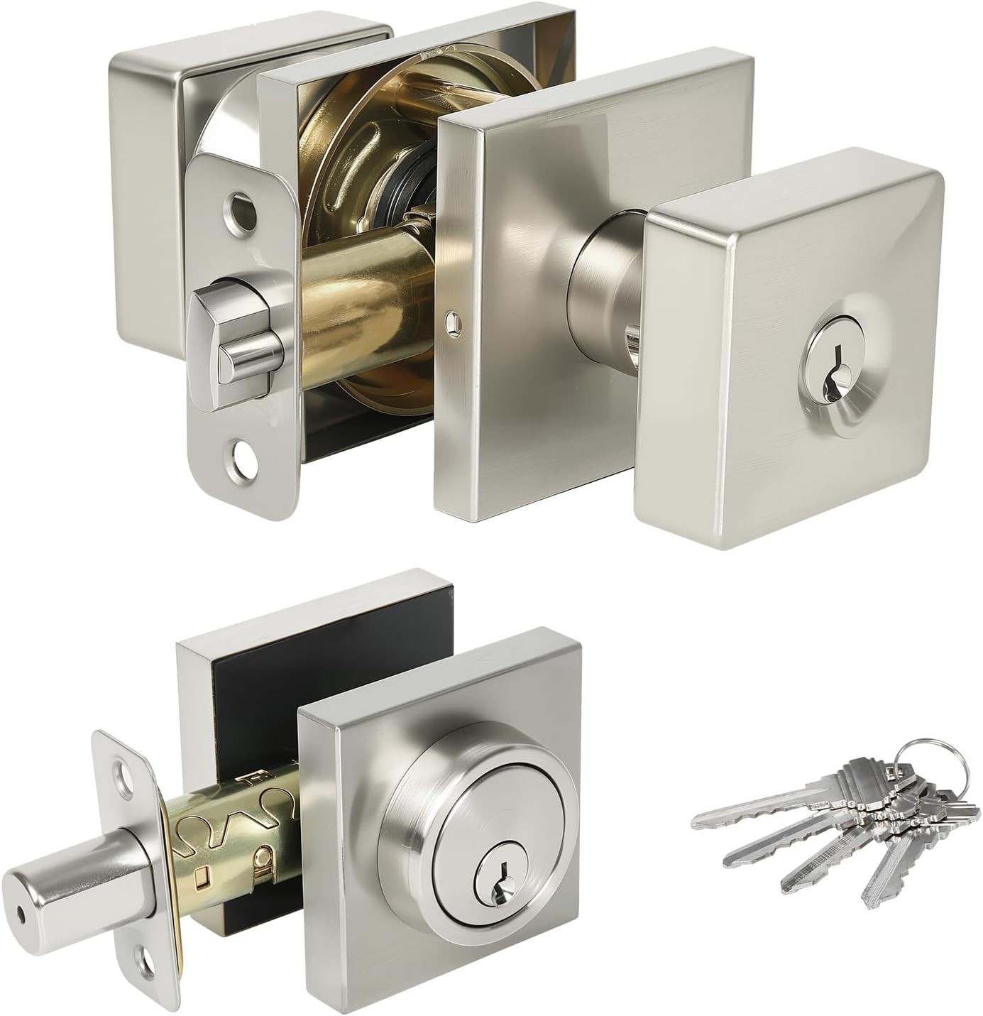 Heavy Duty Square Door Knob with Deadbolt,Front Door Lock Set- Brushed Nickel