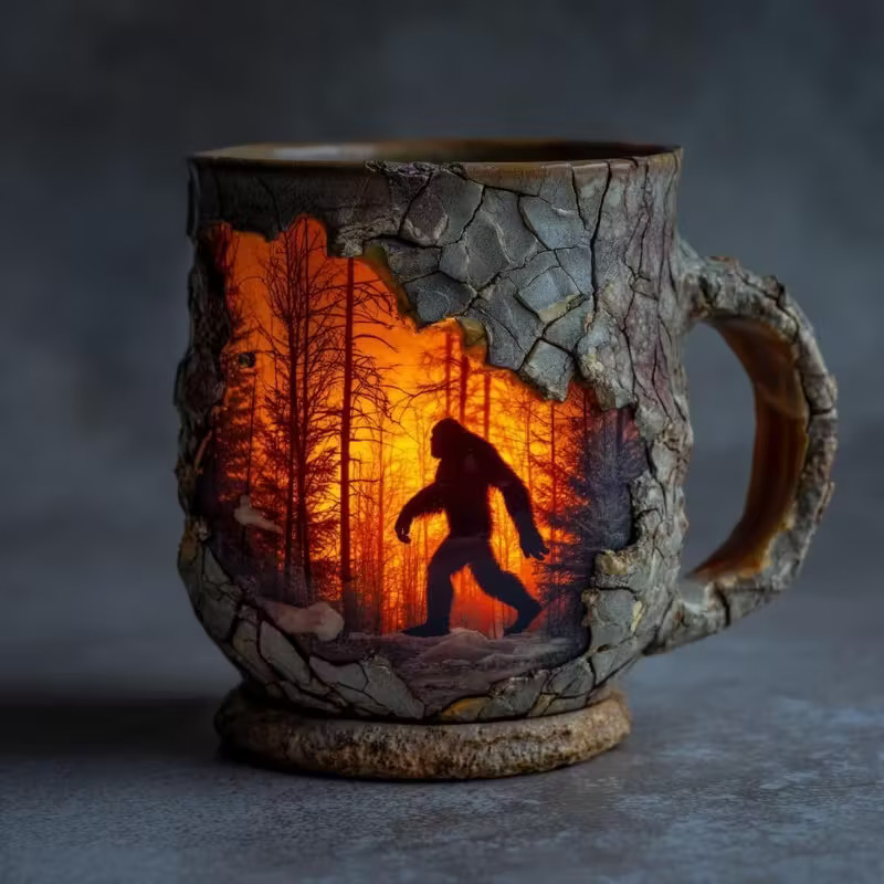 Rustic 3D Bark Coffee Mug - Sasquatch & Forest Fire Design