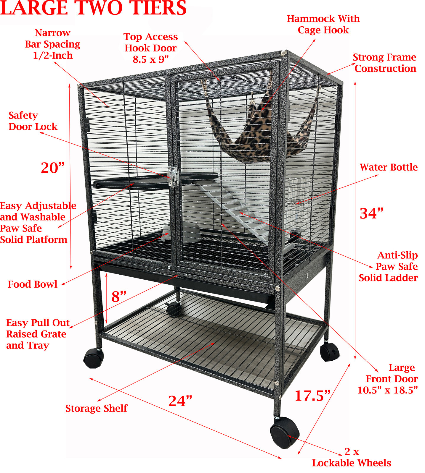 LARGE 2-Tiers Ferret Guinea Pig Chinchilla Rabbit Mice Hammock 1/2-inch Bar Cage