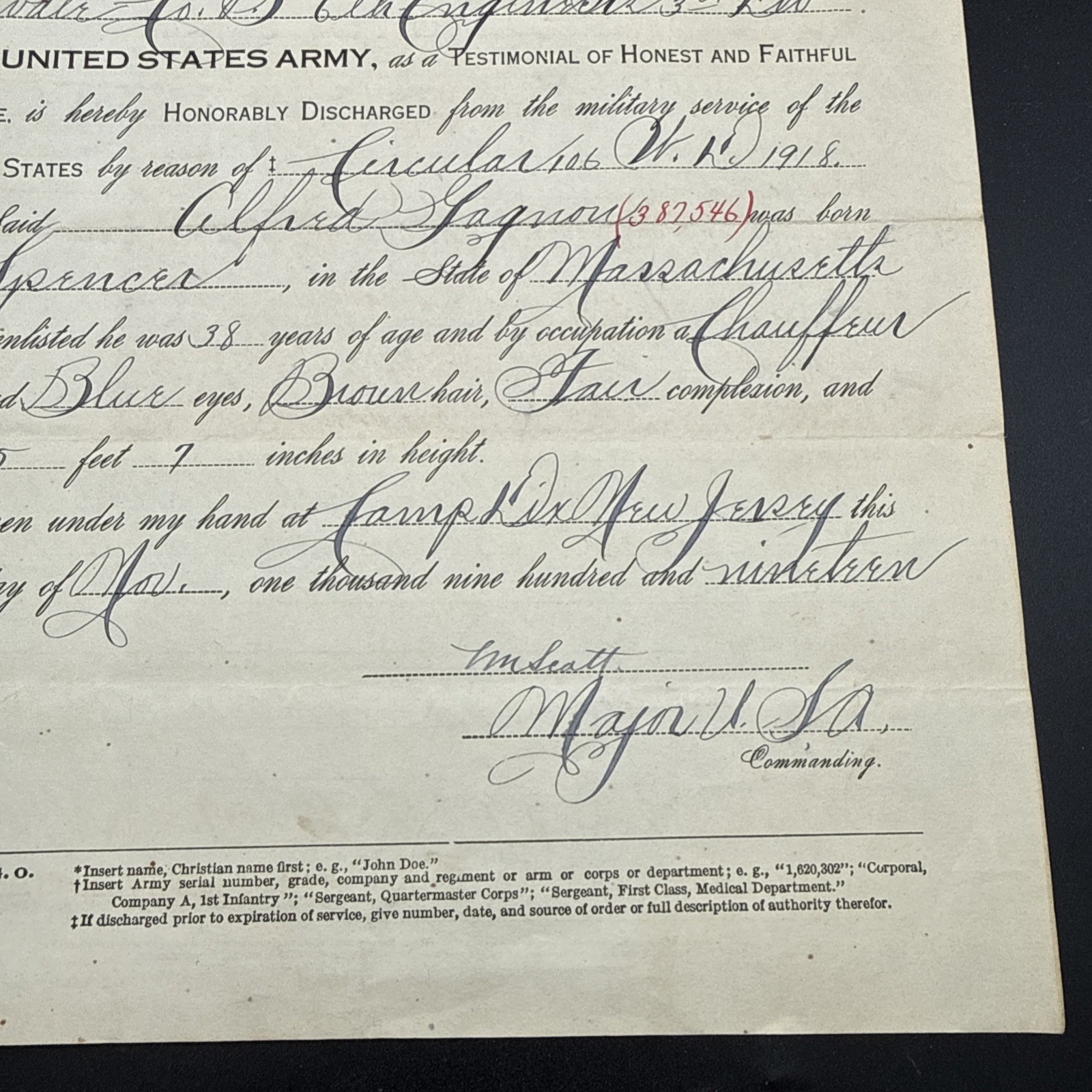 WWI 1918 3rd Infantry Division 6th Engineers Co. B Honorable Discharge Army AEF