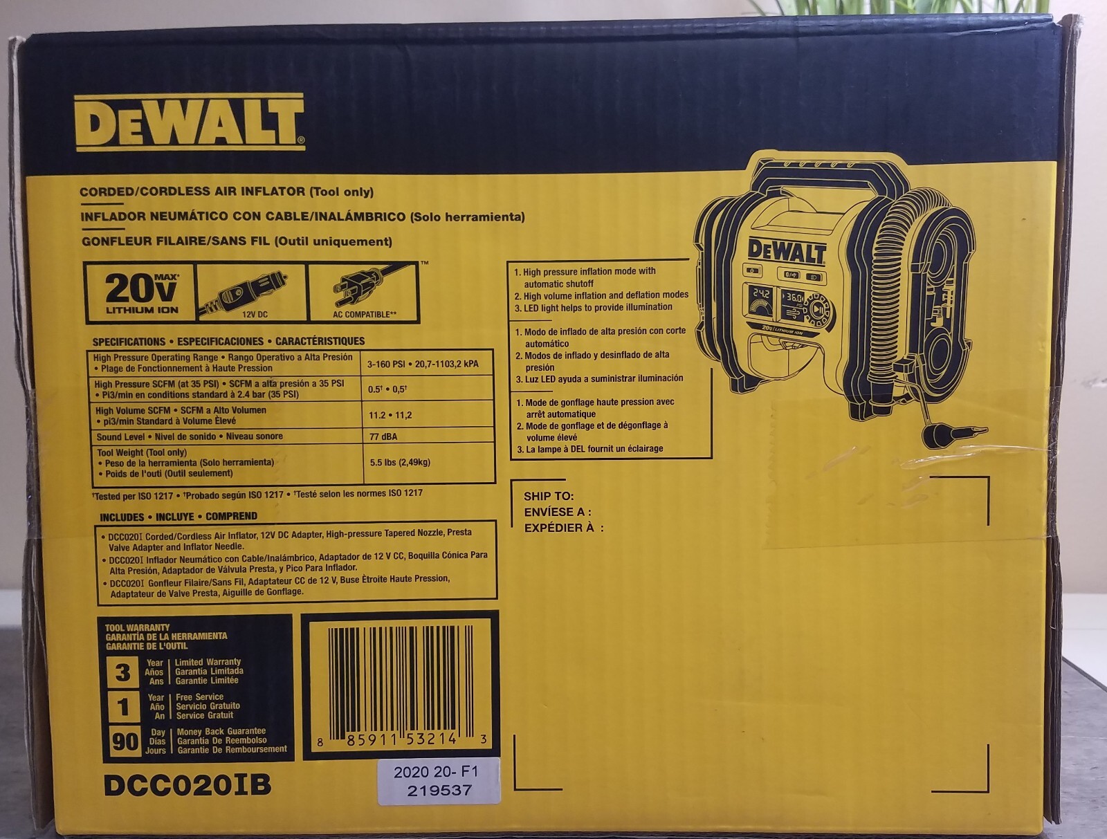 DeWALT DCC020IB 20V High-Pressure Corded Cordless Air Inflator NEW