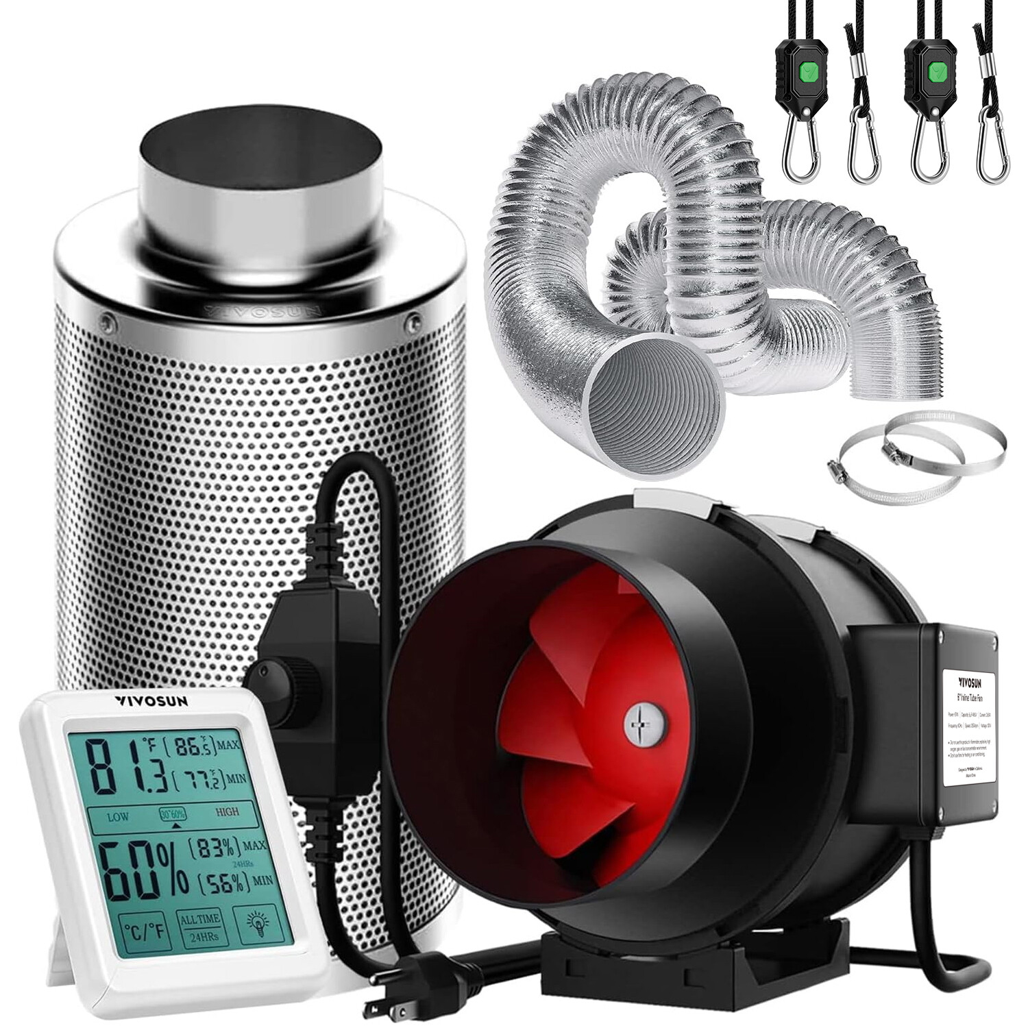 VIVOSUN 4/6/8 Inch Inline Fan kit w/ Speed Controller Carbon Filter & Ducting