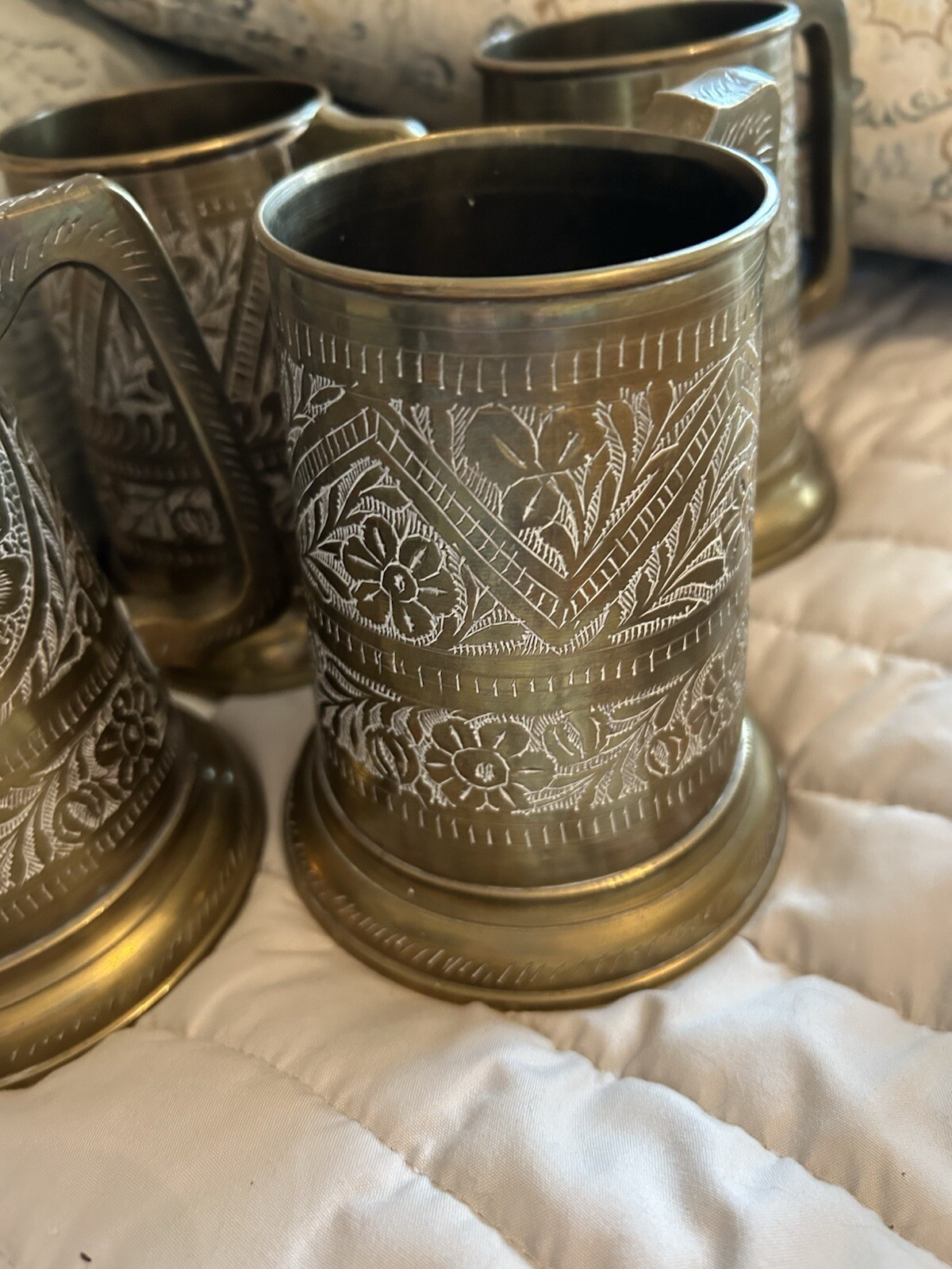 Set Of Four Vintage Hand Etched Copper/Brass Beer Mugs Glass Bases - Pakistan