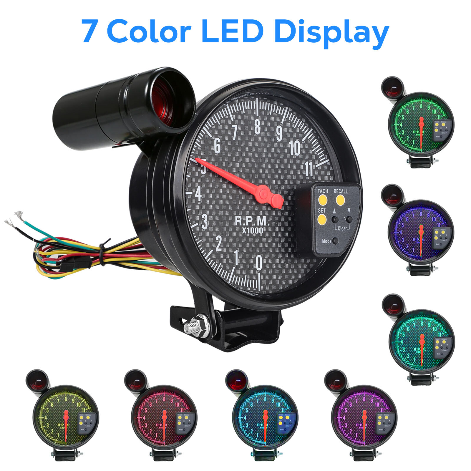 5" Tachometer Gauge 7 Color Backlit 0-11000 RPM Meter with Shift Light Universal