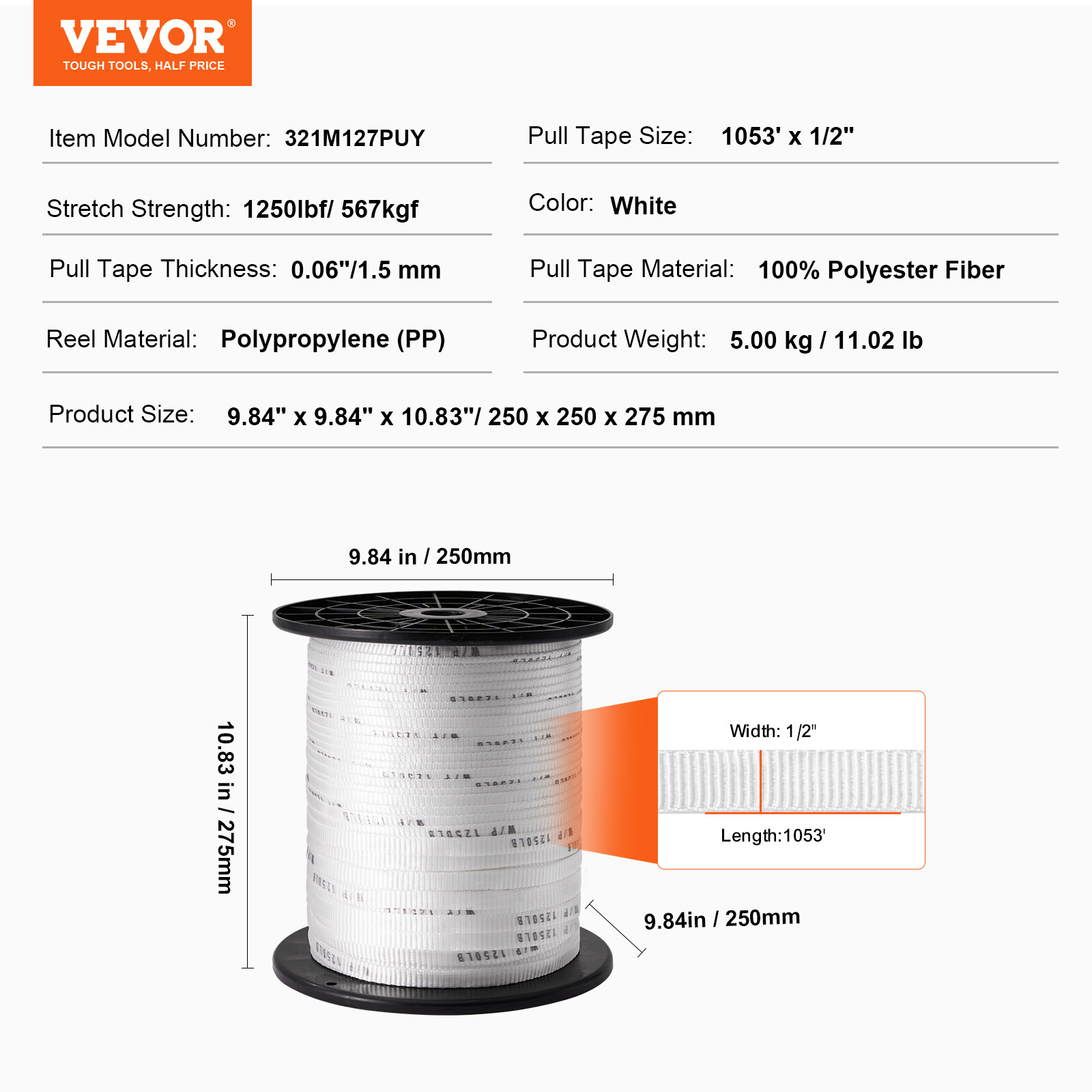 VEVOR Polyester Pulling Tape Mule Tape 1/2" x 1053' 1250 lbf Tensile Capacity