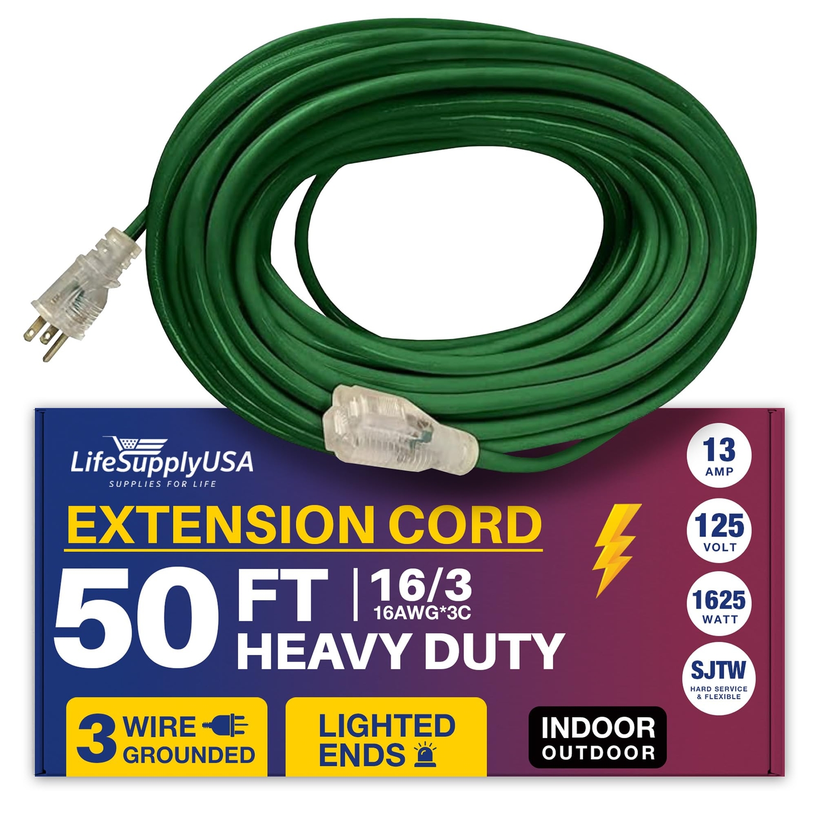 50ft Power Outdoor Extension Cord & Indoor - Waterproof Electric Drop Cord Cable