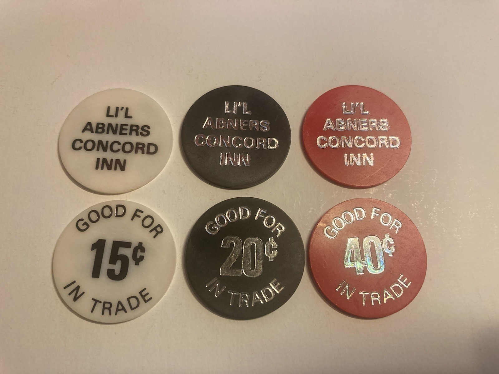 3 pcs Good For Tokens Li’l Abners Concord Inn 15c, 20c, 40c FREE SHIPPING