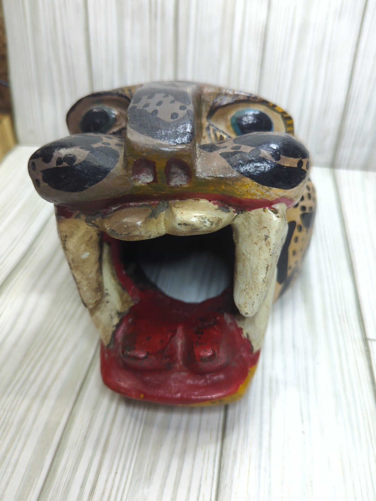 Mexican Nahua Folk Art Guerrero Carved Wood Cat Jaguar Animal Head