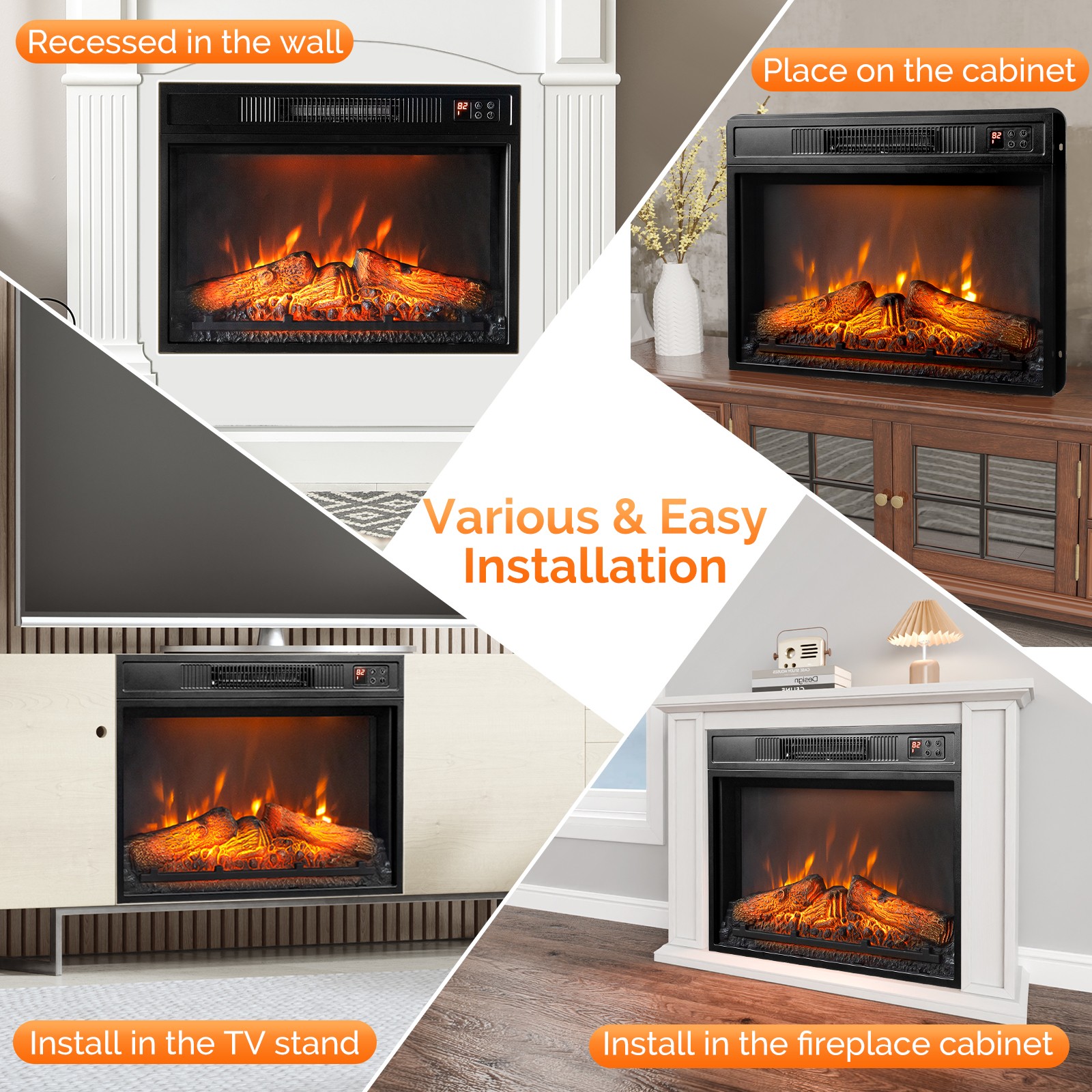 23" Electric Fireplace Insert Heater with Remote APP 6 Color Adjustable Flames