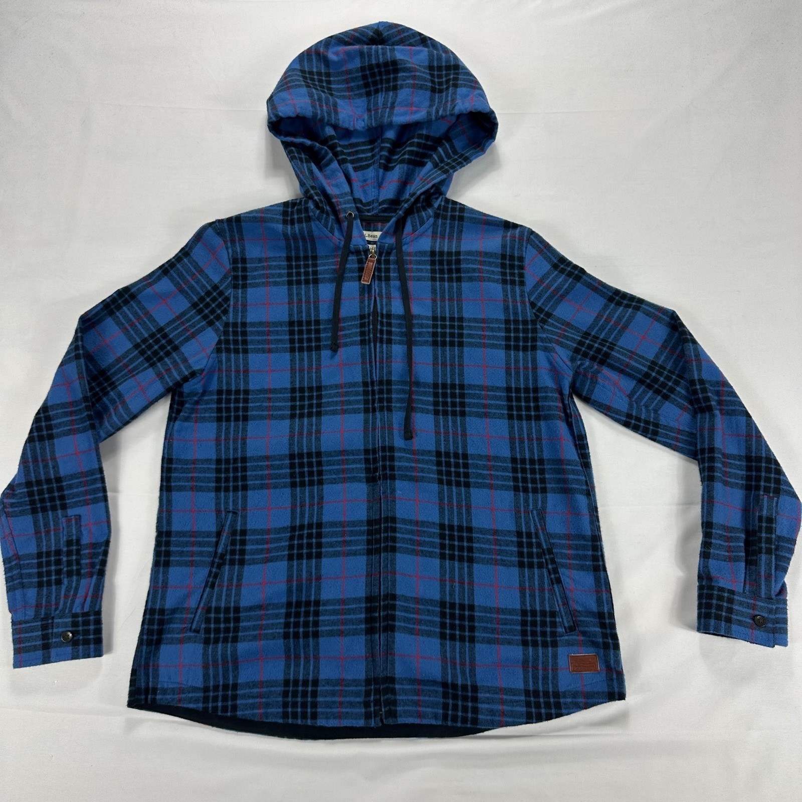 L.L. Bean Flannel Hoodie Blue Black Plaid Cotton Pullover Relaxed Fit Mens Small