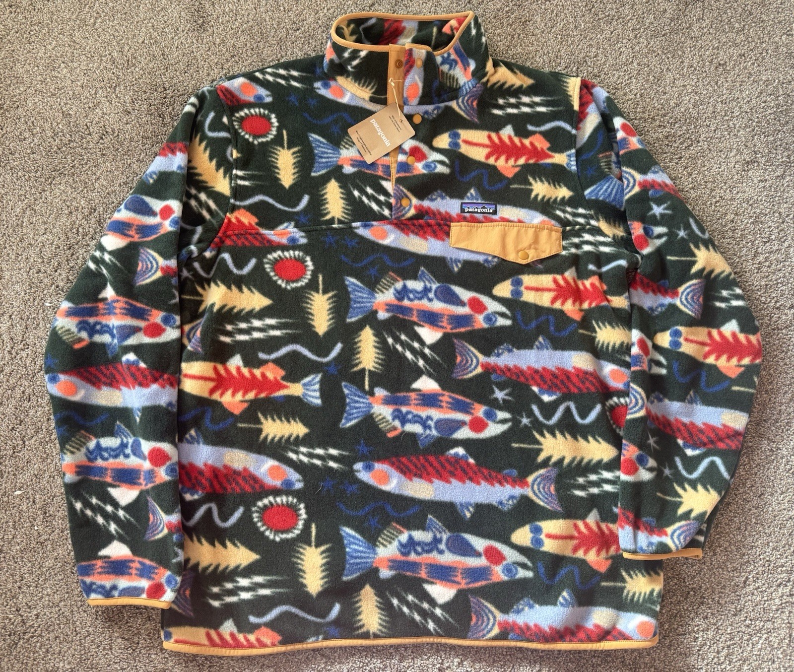 New Patagonia Synchilla Fleece Pullover Salmon Trout Fish Print Snap-T Size XL