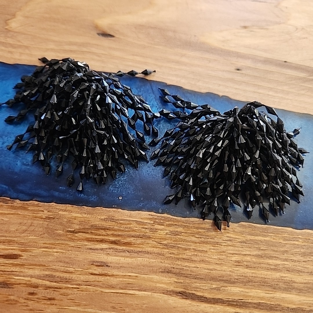 Vintage Shoe Clips Black Plastic Beaded Pom Poms Flapper Fun Collectible