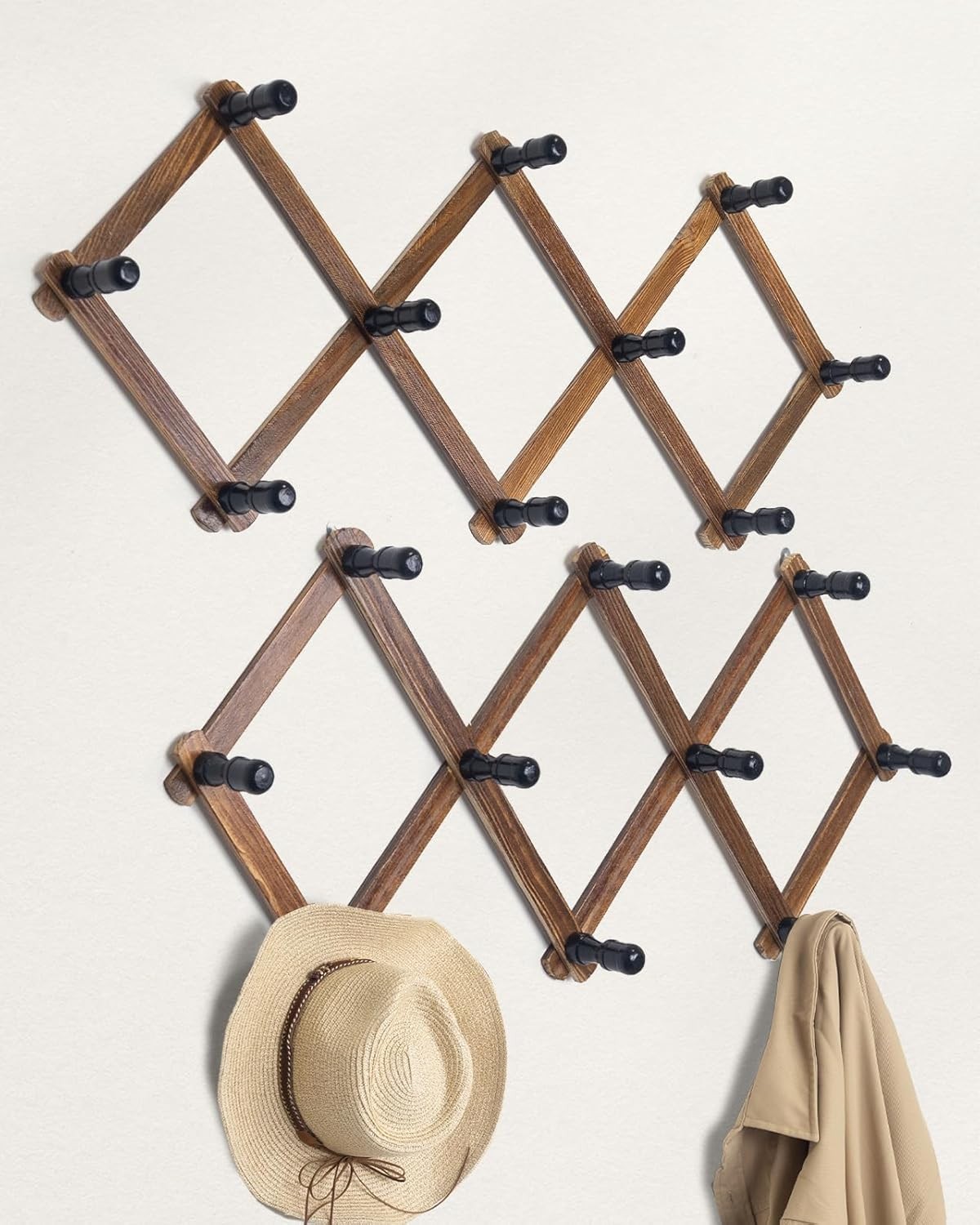 Wooden Expandable Accordion Wall Hanger,2 Pack Including 20 Peg Hooks,Perfectly