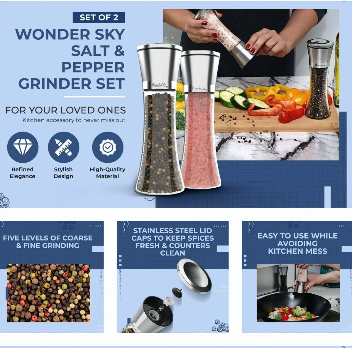 Salt and Pepper Grinder Set Refillable Pepper Mill Salt Grinder (3 Pack)