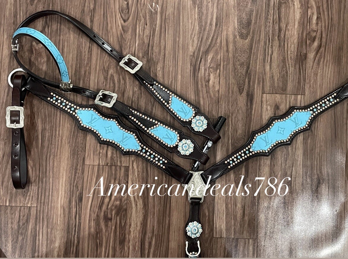 Western Brown Leather Bling Tack Set With Turquoise Overlay Leather