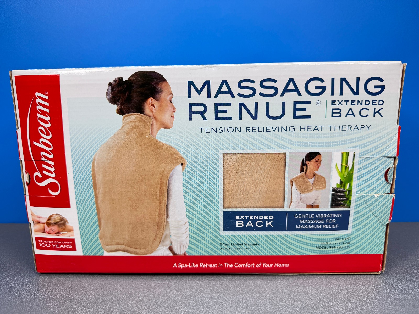 SUNBEAM MASSAGING RENUE EXTENDED BACK HEAT HEATING PAD THERAPY 26" X 34" NEW