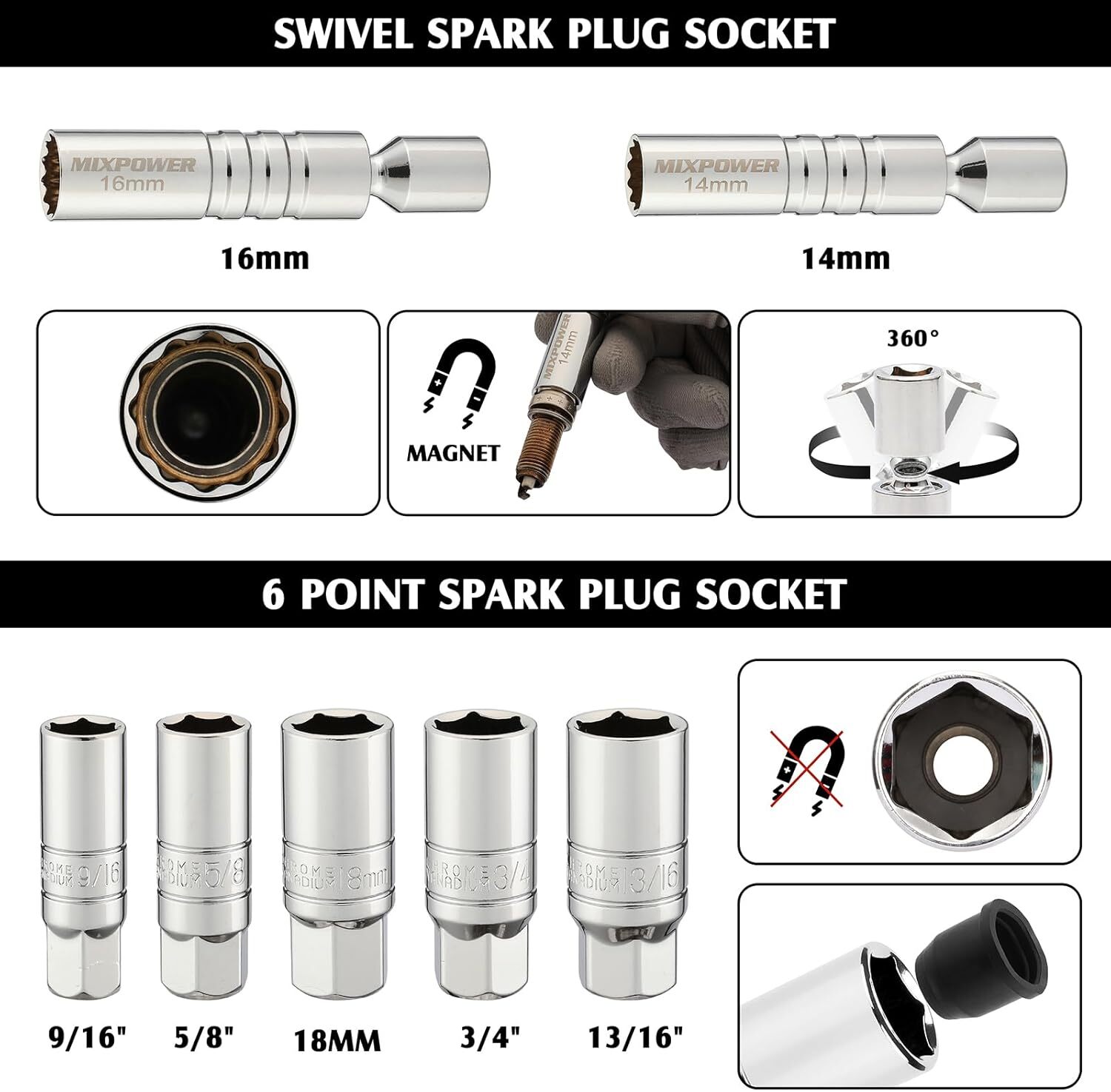 11PCS 3/8" Drive Magnetic Spark Plug Socket Set with Torque Wrench 6 & 12 Point