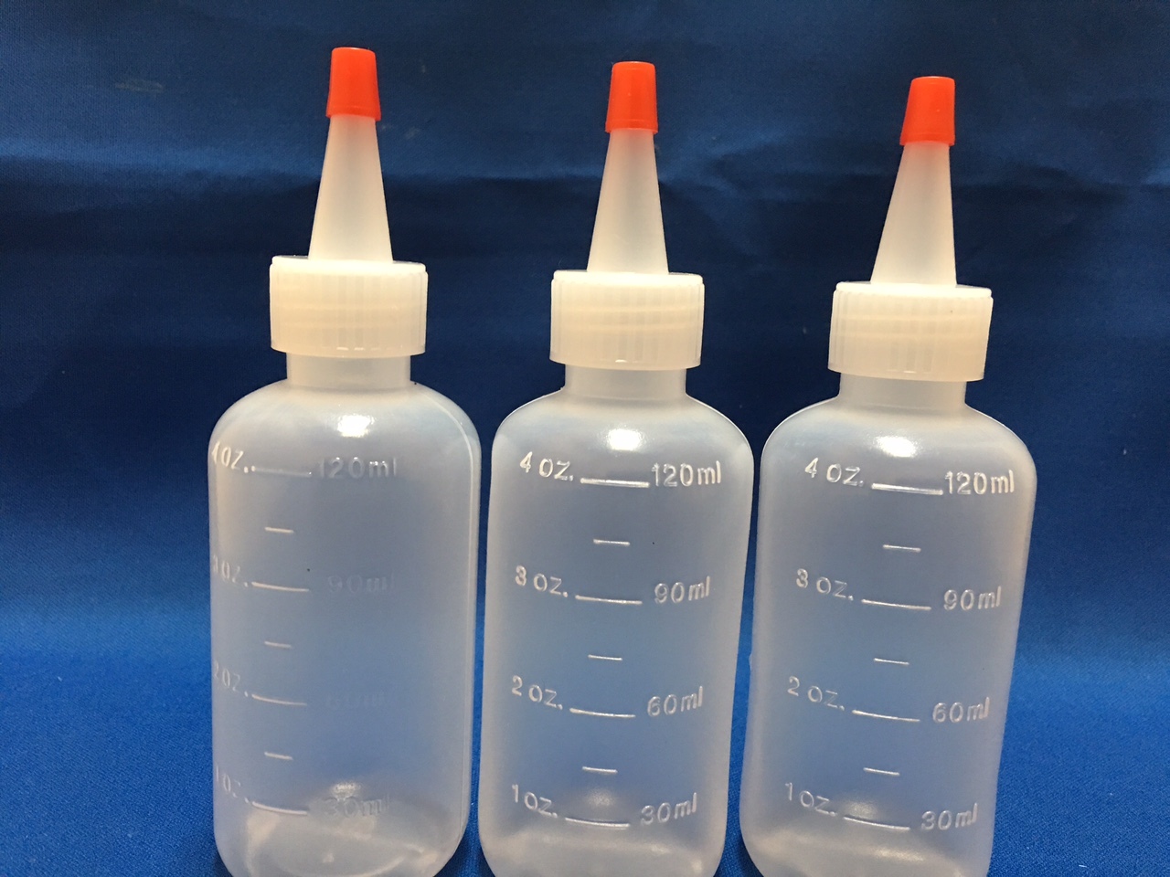 5 pack of 4oz (120mL) Plastic Boston Round Squeeze Bottles + Yorker Caps LDPE