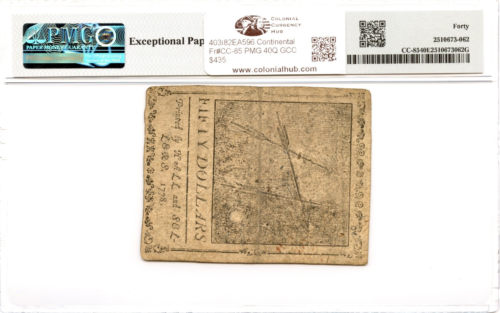 Continental Currency Fr#CC-85 September 26, 1778 $50 PMG XF-40 EPQ GCC Gold