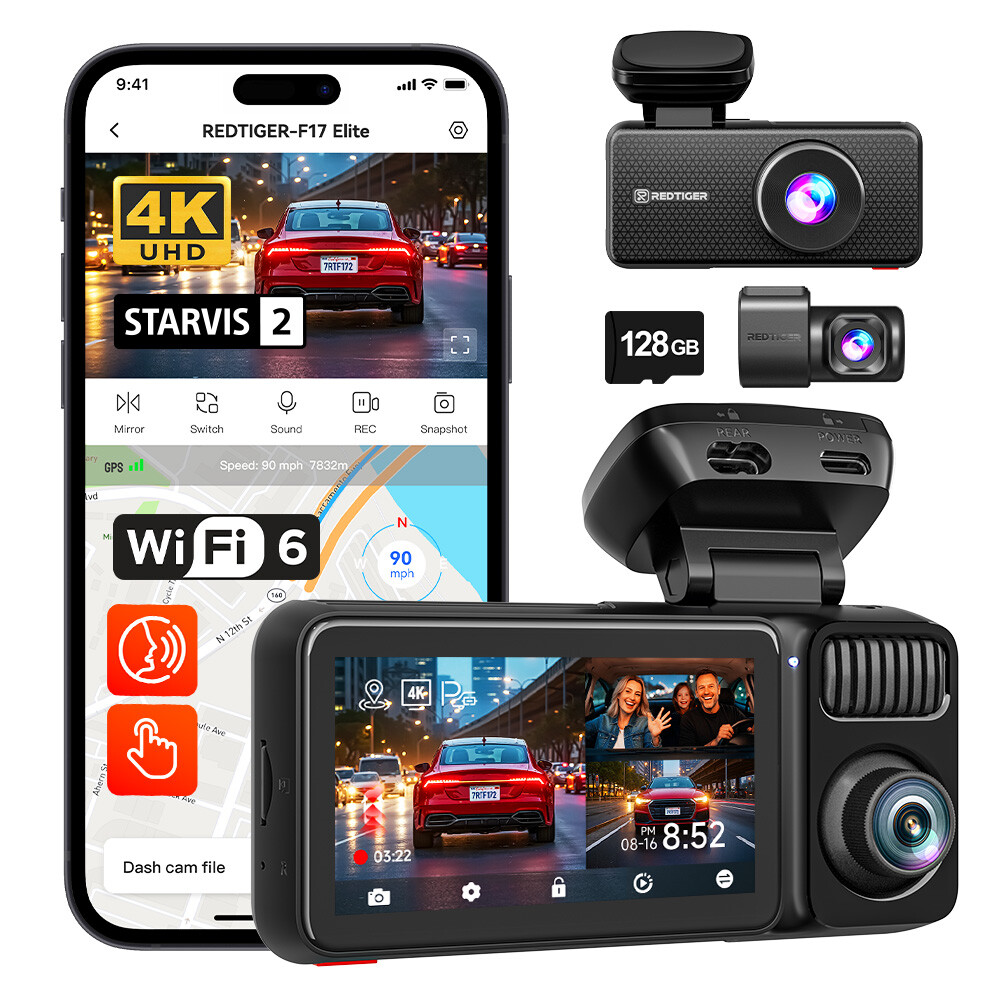 REDTIGER F17Elite 3 Channel 4K+2.5K+1080P Front Rear Inside 128GB Car Dash Cam