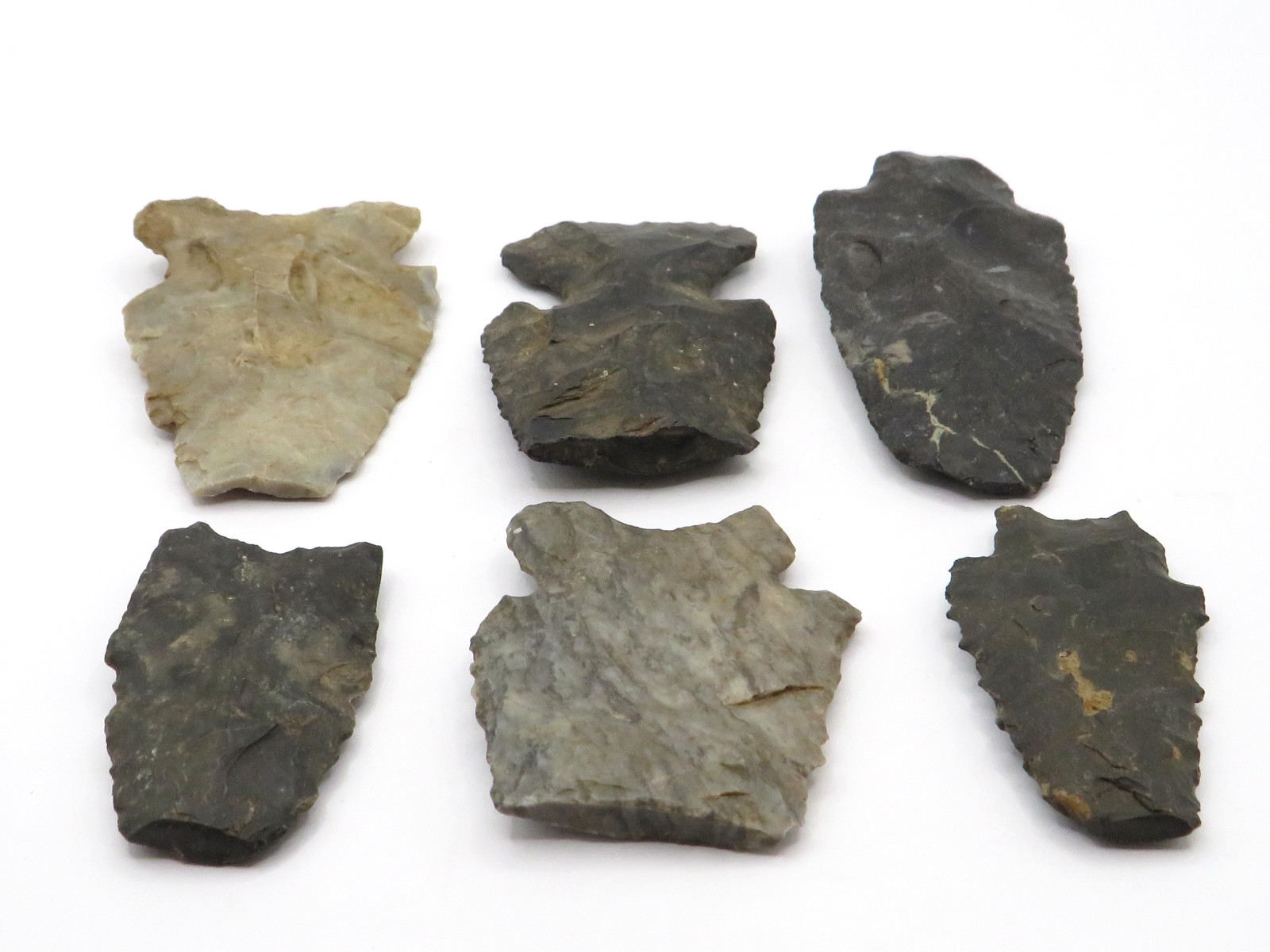 6pc LOT of NOTCHED INDIAN ARROWHEAD - AUTHENTIC w GREAT COLORS**