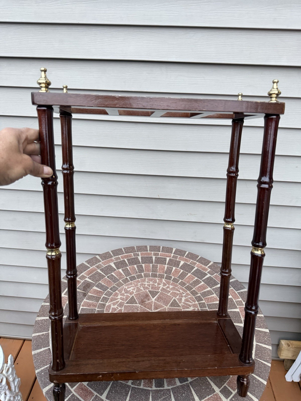 Vintage Bombay Company mahogany/brass umbrella stand W/faux bamboo. Missing Tray
