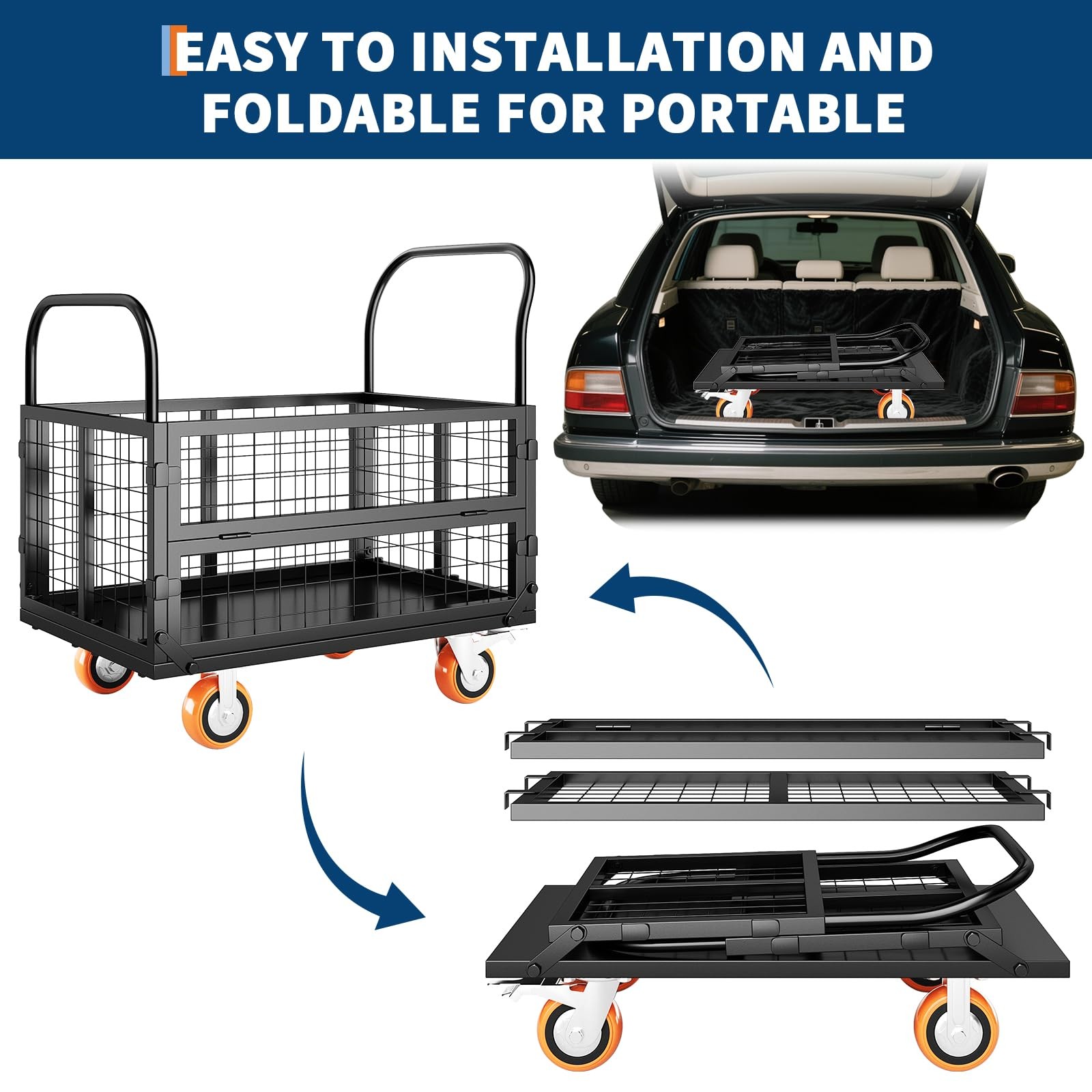 Platform Truck Cart with Cage 6 in 1 Heavy Duty Push Cart Dolly 1800LBS Capacity