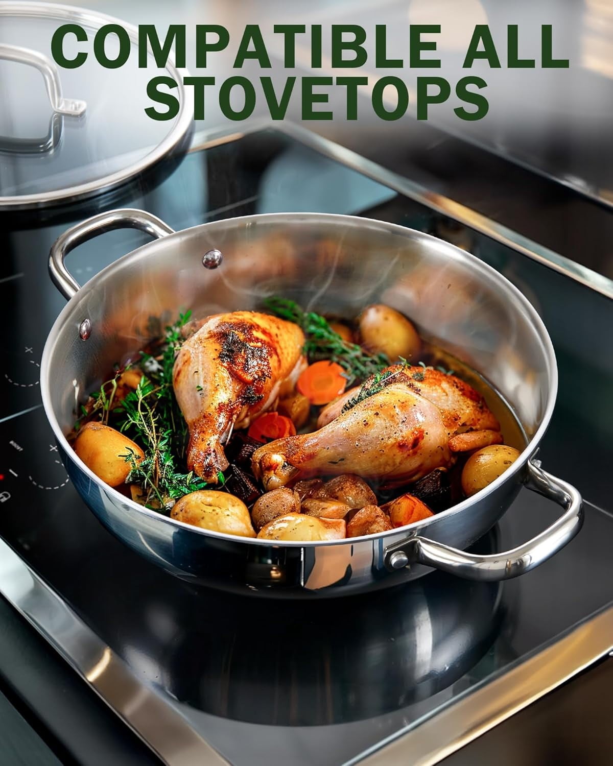 Cook N Home Tri-Ply Stainless Steel Wok, 12 Inch, Induction Compatible, Flat