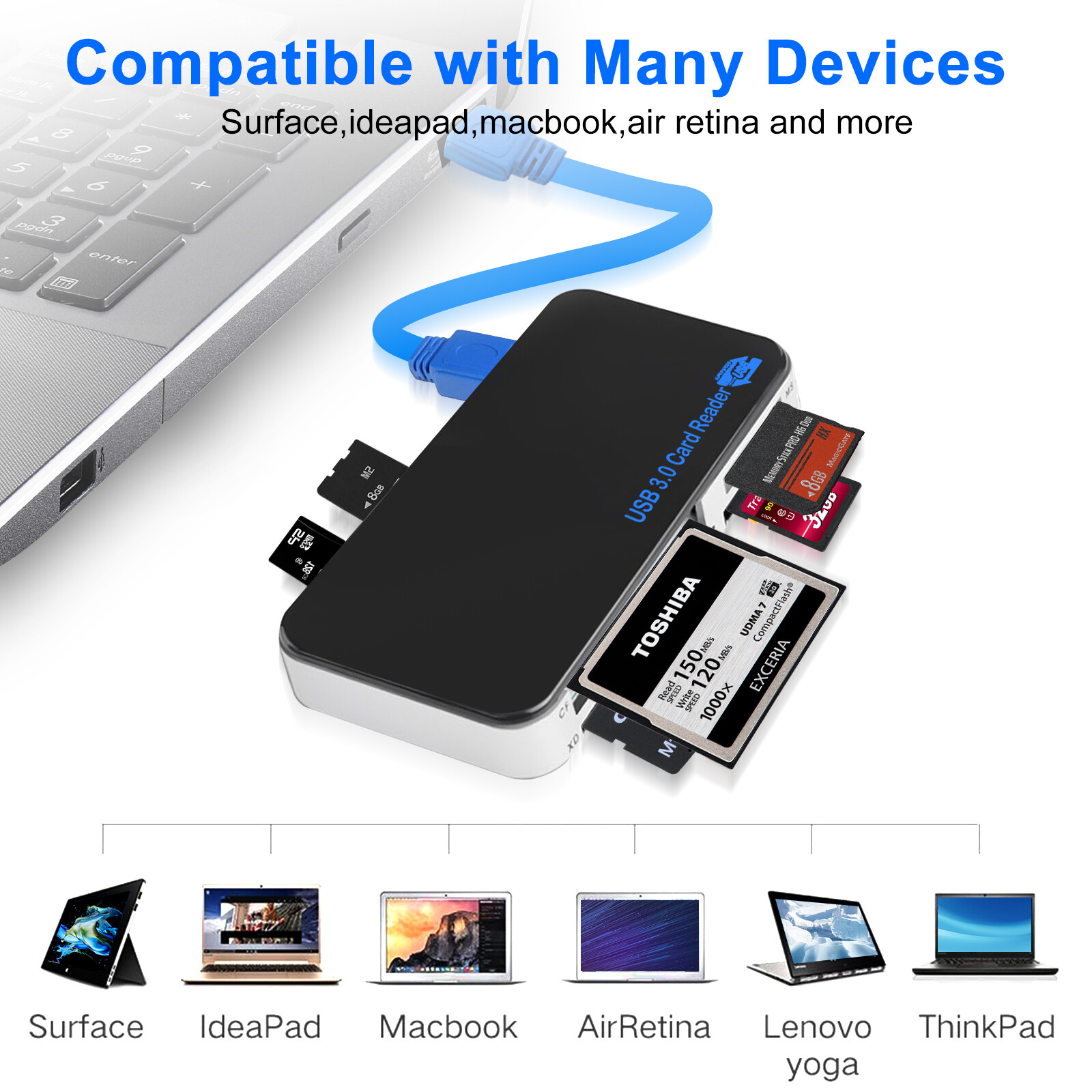6 in 1 USB 3.0 Compact Flash Memory Card Reader Adapter 5Gbps for CF TF SD MS XD