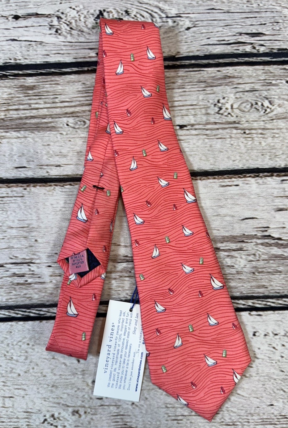 Vineyard Vines Coral Pink Boats Sailboats Tie Youth Boys 100% Silk NWT