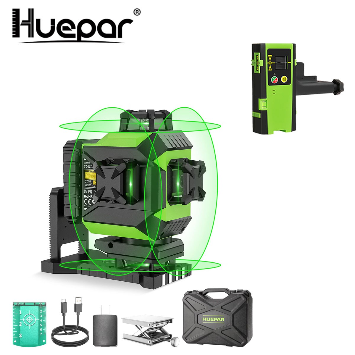Huepar 16 Lines 4D Laser Level Self Leveling 360 Cross Line Green Beam+Receiver