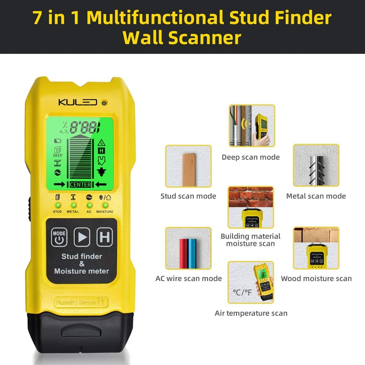 Stud Finder, 7 In 1 Multi-Function Wall Stud Sensor Detector LCD Moisture Meter
