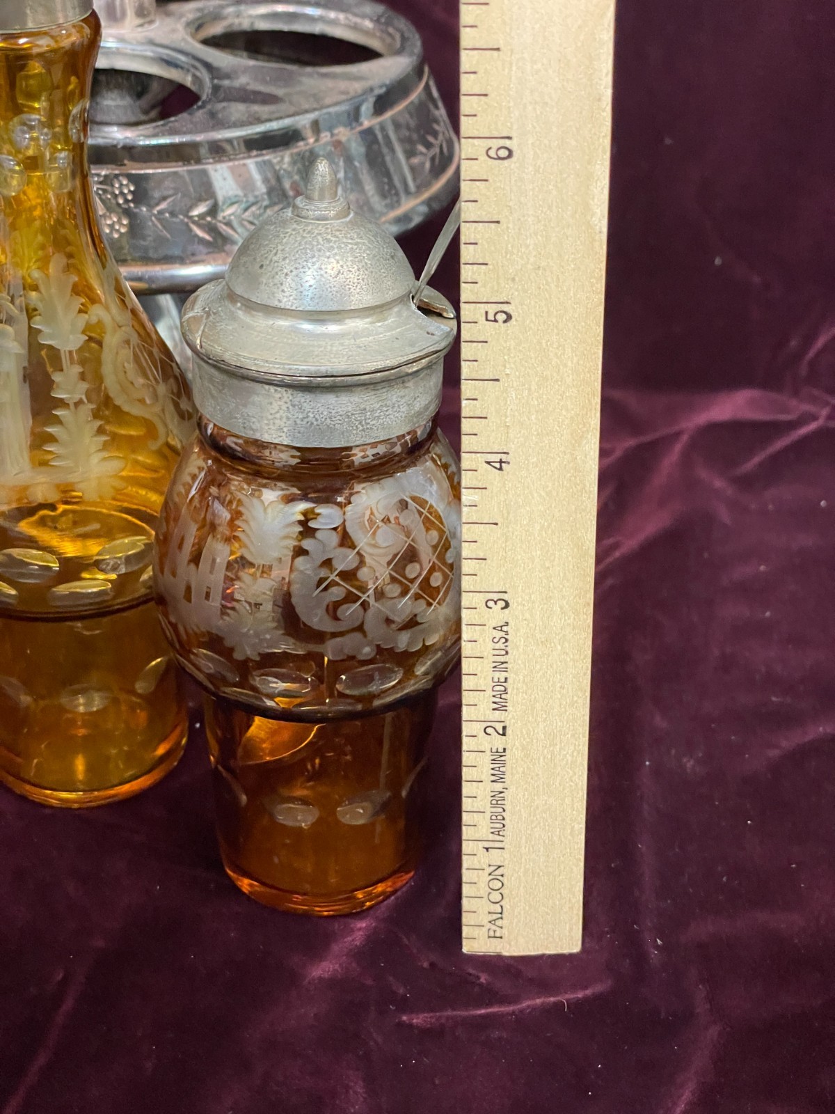 Antique 1800's Wilcox Silver Plate Cruet Condiment Set 3 Etched Amber Bottles