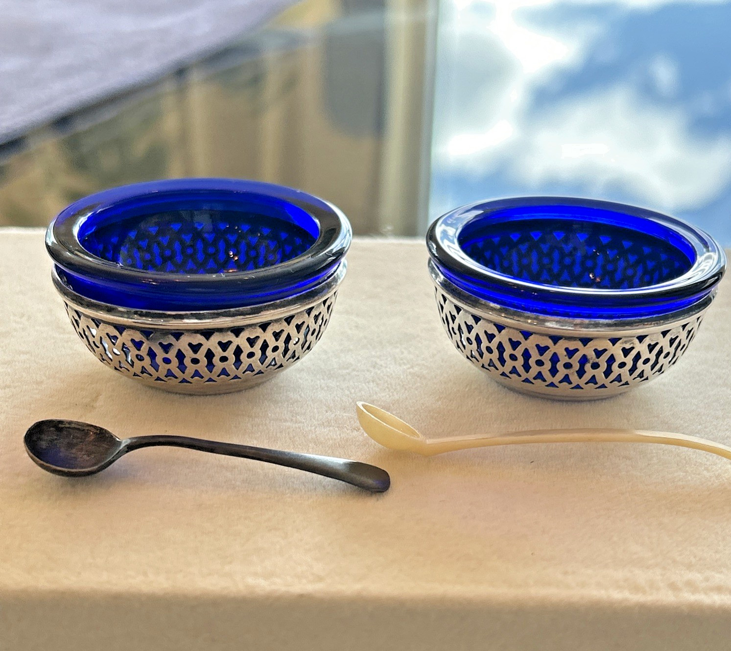 Lot of 2 Antique Webster Salt Cellars 2 Spoons Sterling Silver Blue Cobalt Glass