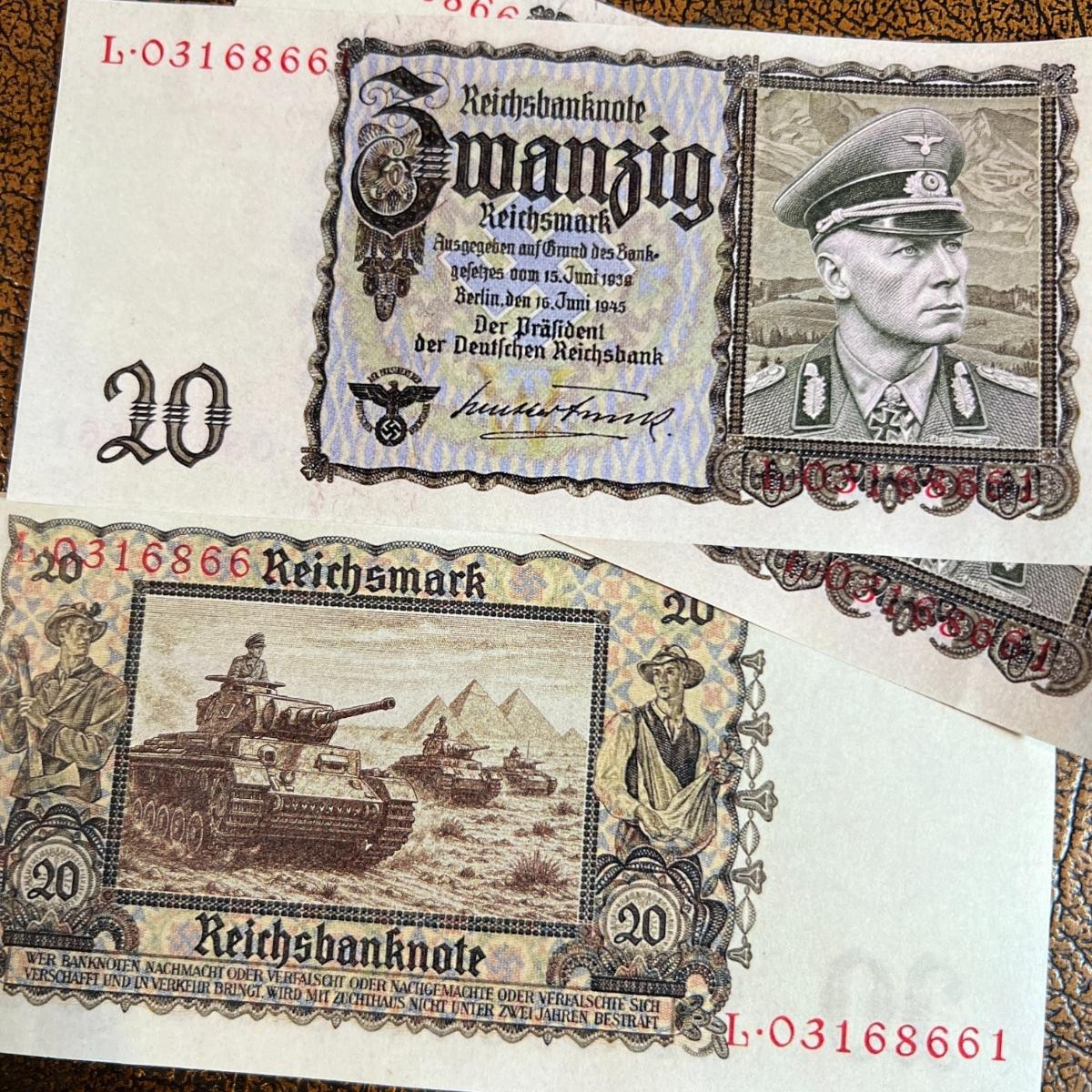 1945 Germany 5 3rd Reich set of Reichsmark banknotes. Hitler, Goebbels, Goering.