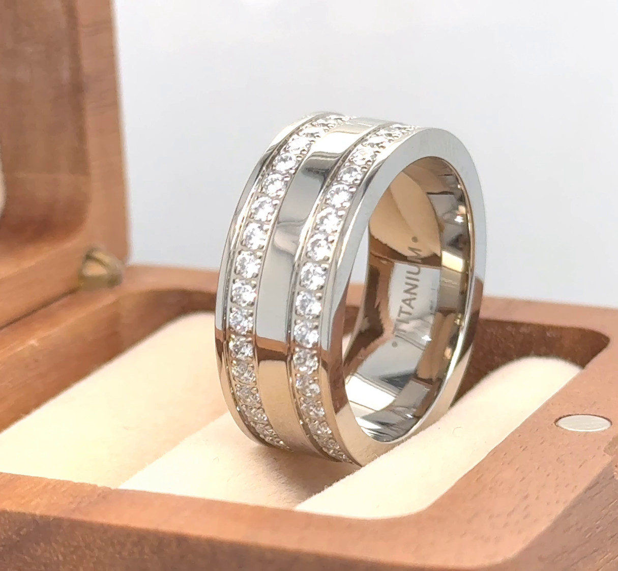 Mens Titanium Ring, Titanium Wedding Band, CZ Eternity Ring, Round cut CZ Band