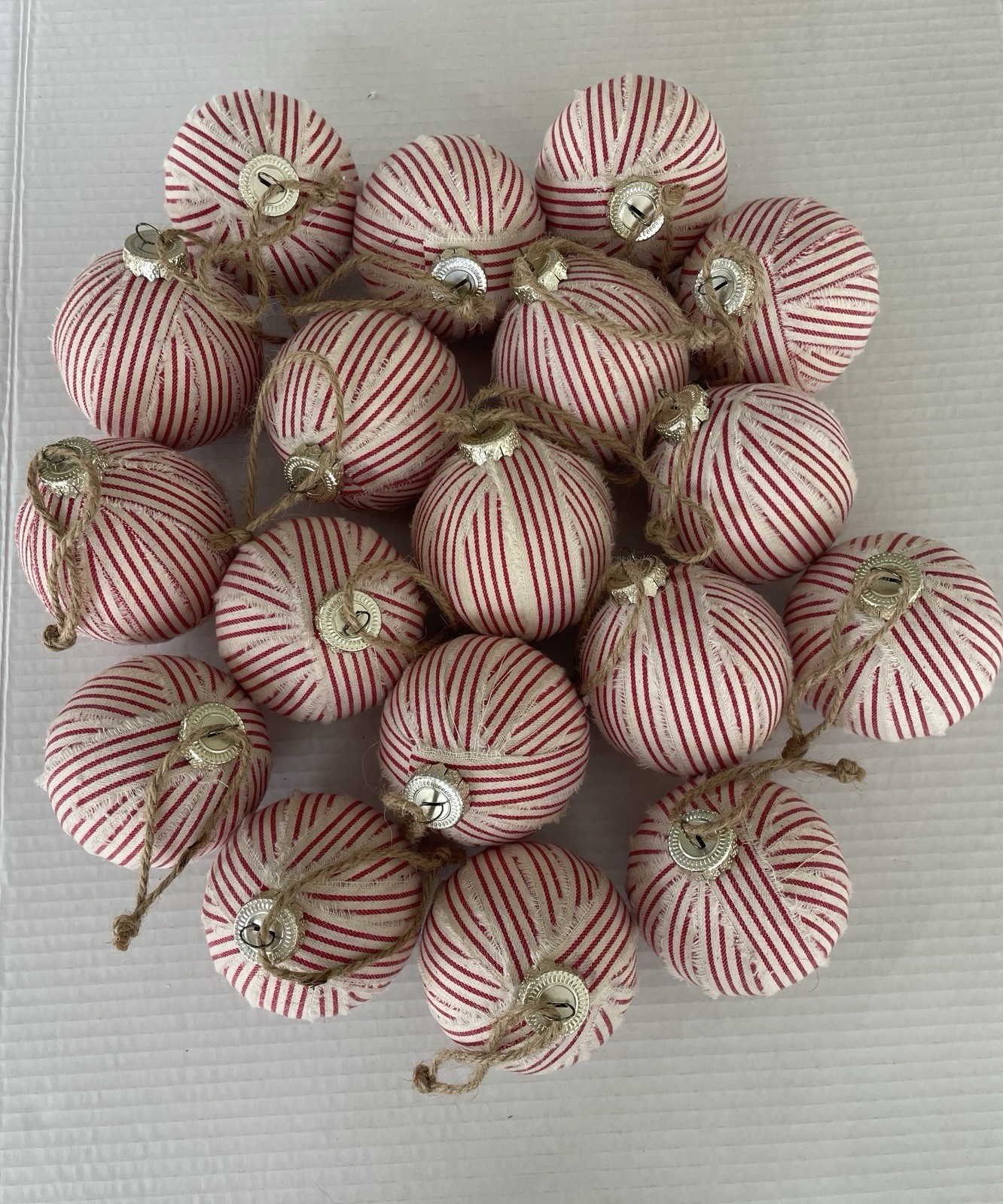 Red and White Ticking Striped Ball fabric Christmas Ornaments Lot Of 18 Country