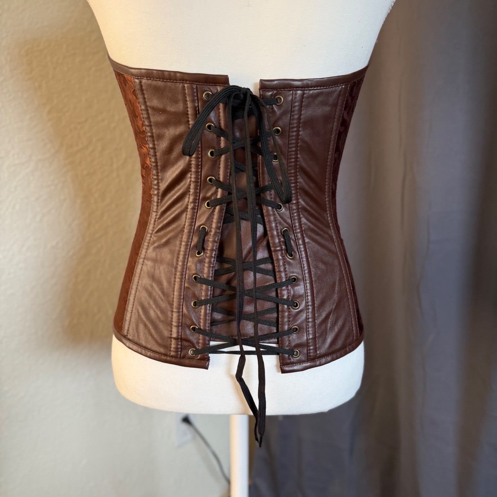 Steampunk Corset Brown Damask Faux Leather Hook Eye Small