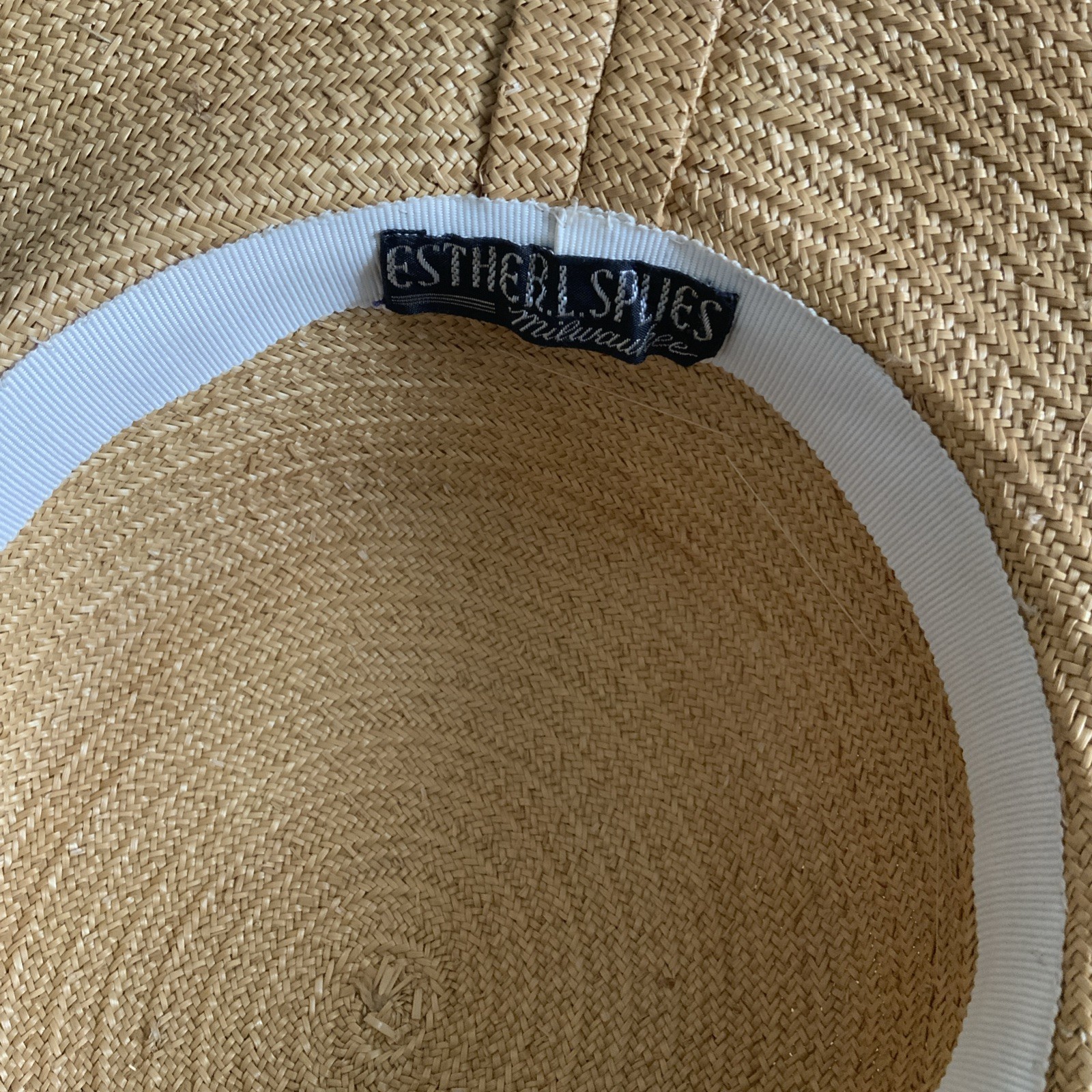 STRAW BOATER SKIMMER HAT BROWN RIBBON VINTAGE WOMENS LARGE BRIM