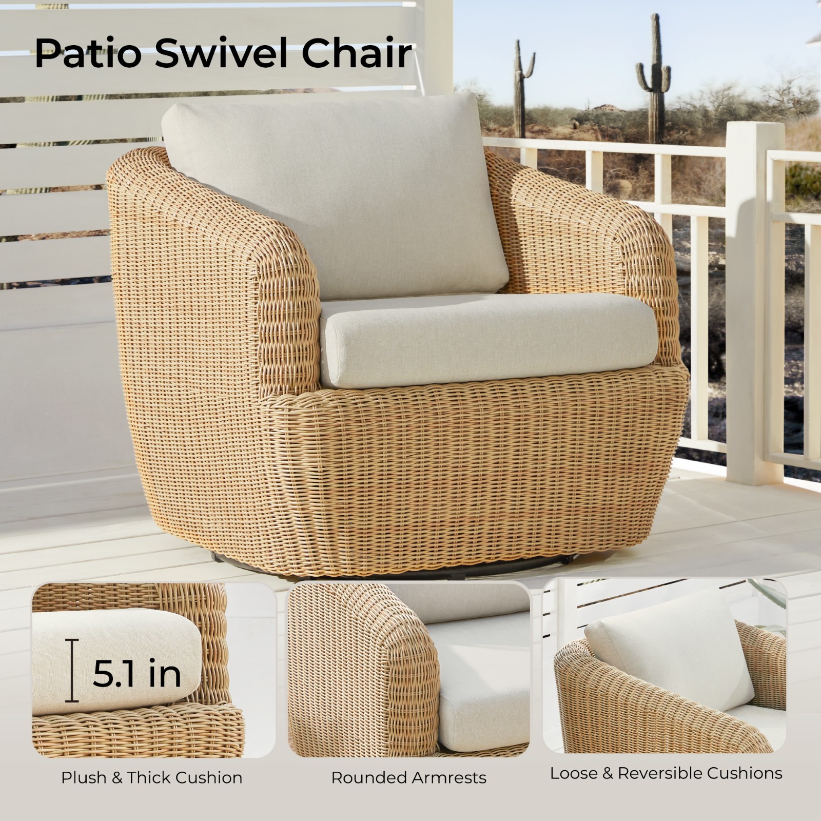 CHITA Patio Wicker 360° Swivel Chairs w/ Removable Cushion Backyard Rattan Chair
