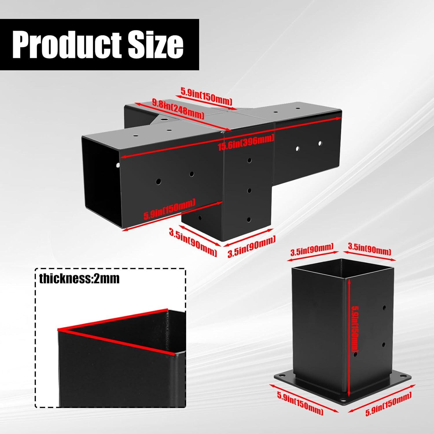 4x4 Pergola Bracket Kit 3.5x3.5 Inner, 3- & 4-Way Brackets with Bases Black