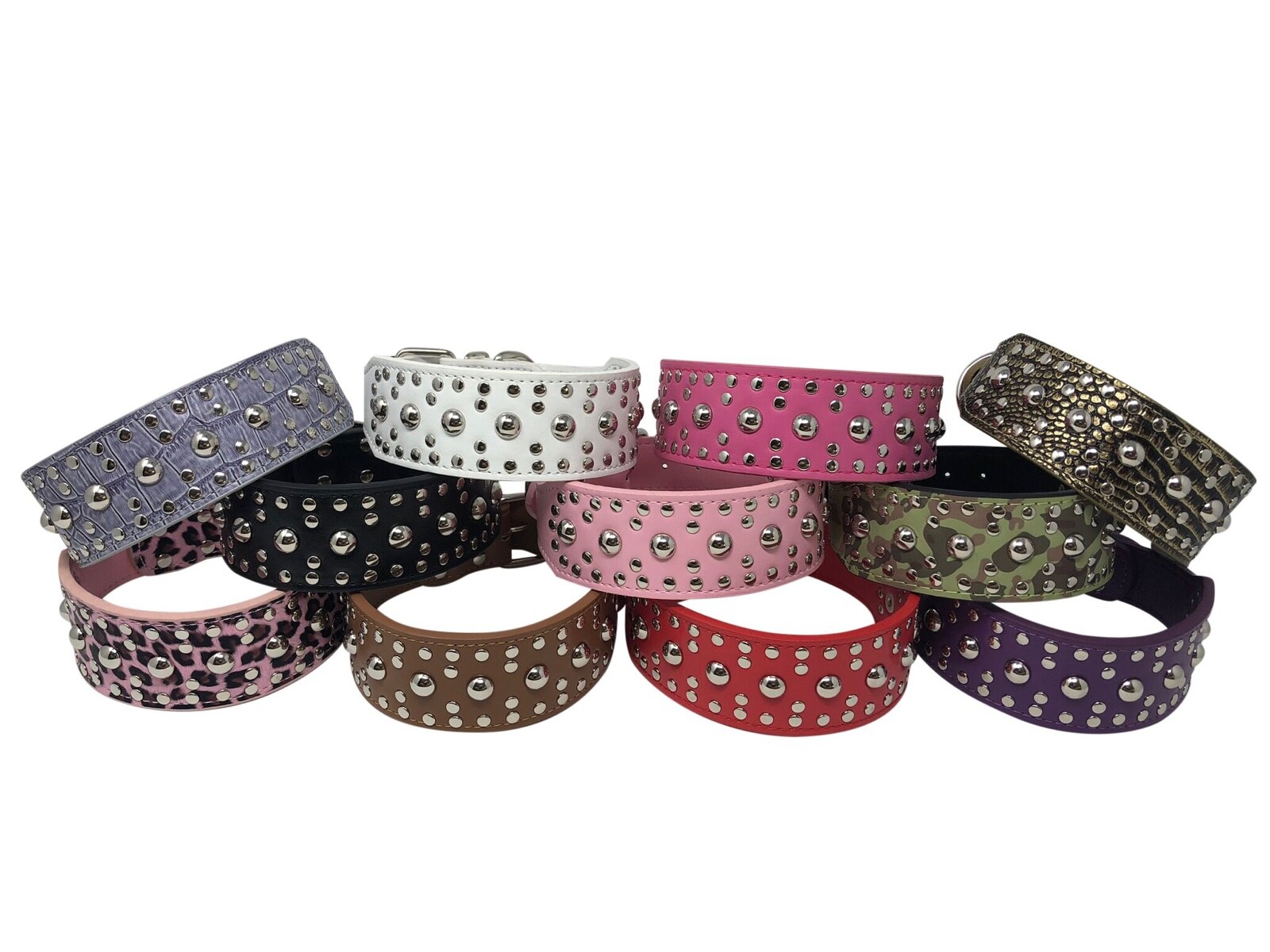 Dog Collar Studded Rivet Adjustable Faux Leather 2" wide S M L XL 13 Colors