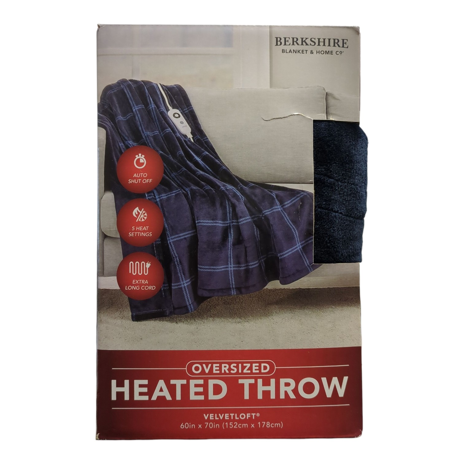Berkshire Oversized Heated Throw with Auto Shut Off, 60"x70", Navy