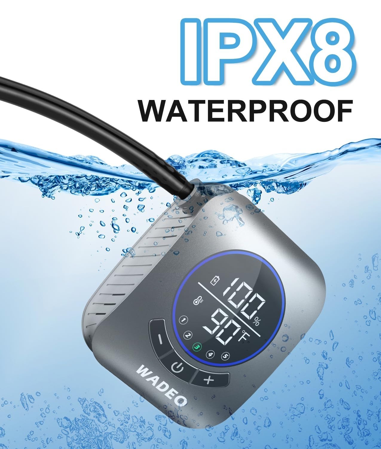 WADEO 8000mAh Rechargeable Portable Shower 5 Pressure Levels Fahrenheit Display