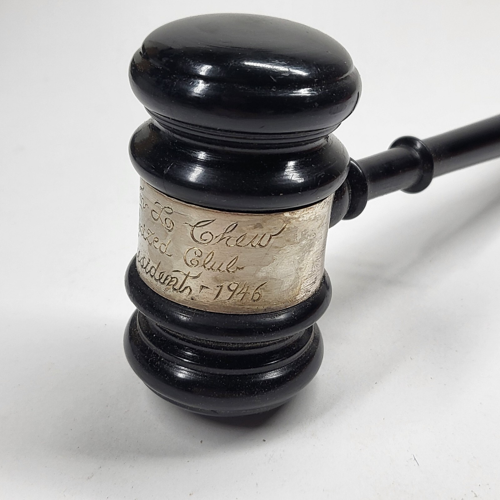 Ebony Wood Gavel w/Sterling Silver Band 10” Vintage 1946 Engraved Onized Club