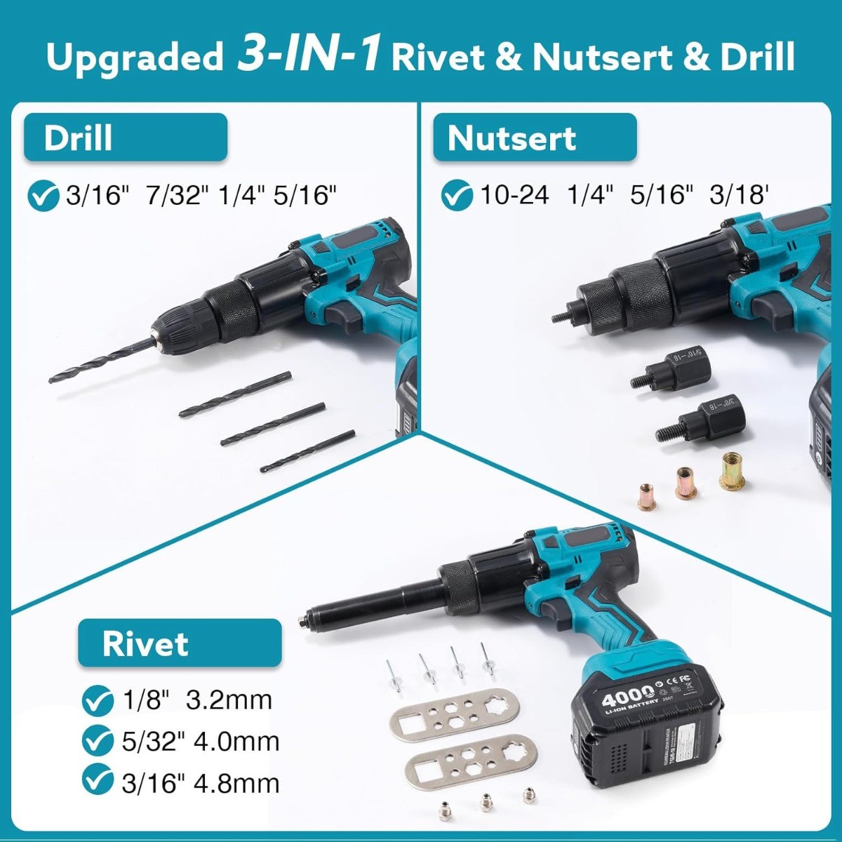Seesii Battery Powered Pop Rivet/Nut Gun Cordless Electric Rivet Nut Gun 4000mAh