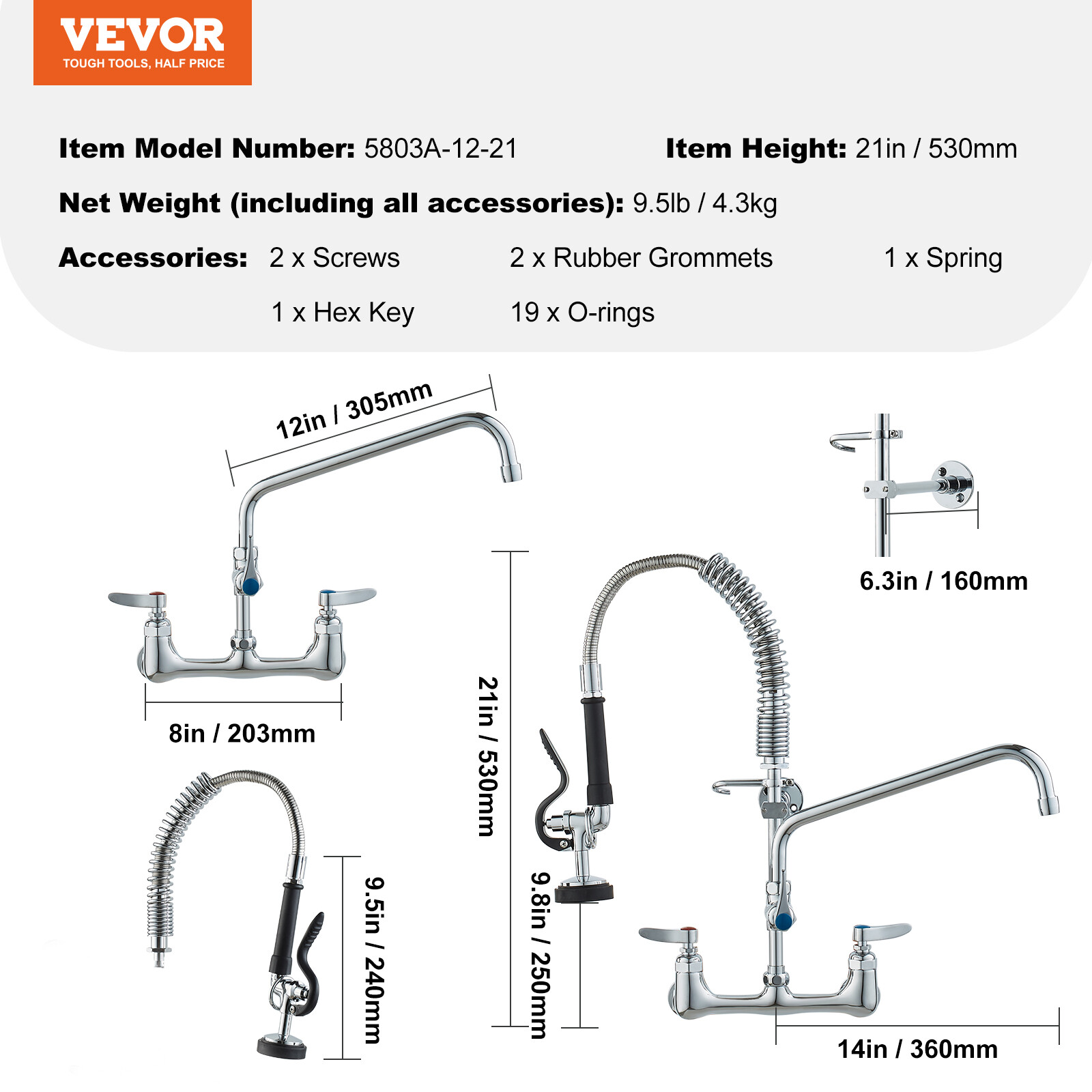 VEVOR 21" Commercial Pre-rinse Faucet Wall Mount Kitchen Sink Faucet w/ Sprayer