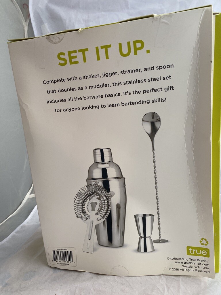 TRue Fortify Stainless Steel Barware 4-Piece Set Cocktail Shaker, Spoon, Jigger,
