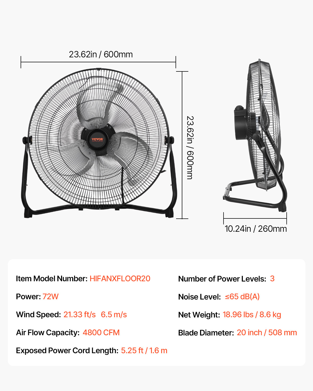 VEVOR 20 Inch Floor Fan 3 Adjustable Speed High Velocity Metal Fan 360 Tilt